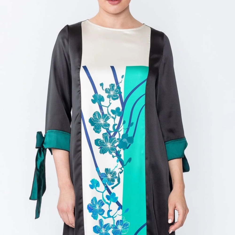 IC Collection Floral Satin dress - Black and Teal